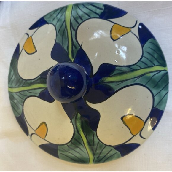 Mexican Talavera Pottery Colorful Calla Lilies Soup Bowl w/Handle and Lid Salsa - Picture 10 of 13